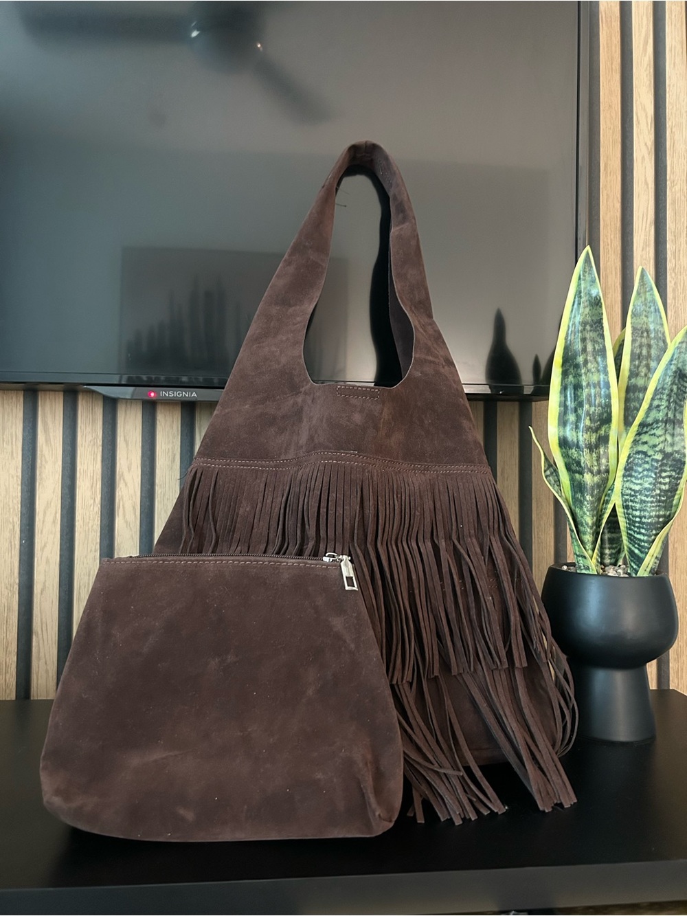 Altar'd State Brown Suede Fringe Shoulder Bag with Zip Pouch